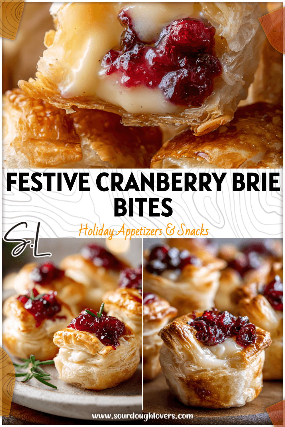 Golden puff pastry filled with warm brie cheese and cranberry sauce served on a holiday table.